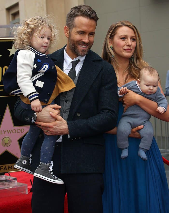 Ryan Reynolds and Blake Lively proudly pose with their children, James and their newborn baby, at Reynolds' Hollywood Walk of Fame star ceremony