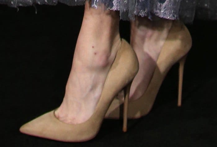 Anna Faris completed her embellished Reem Acra look with nude suede Jimmy Choo "Anouk" pumps, whose sleek pointed toes and minimalist silhouette balanced the gown's intricate crystal detailing