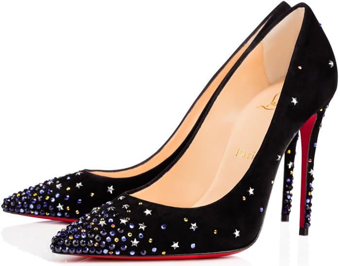 The Gravitanita has a 100mm stiletto heel, a pointed toe, crystal stars, and crystals on the toe and heel