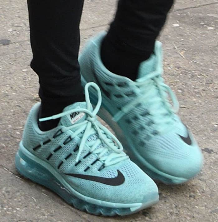 Diane Kruger completes her casual look with robin's egg blue Nike Air Max sneakers featuring translucent cushioned soles and black accents