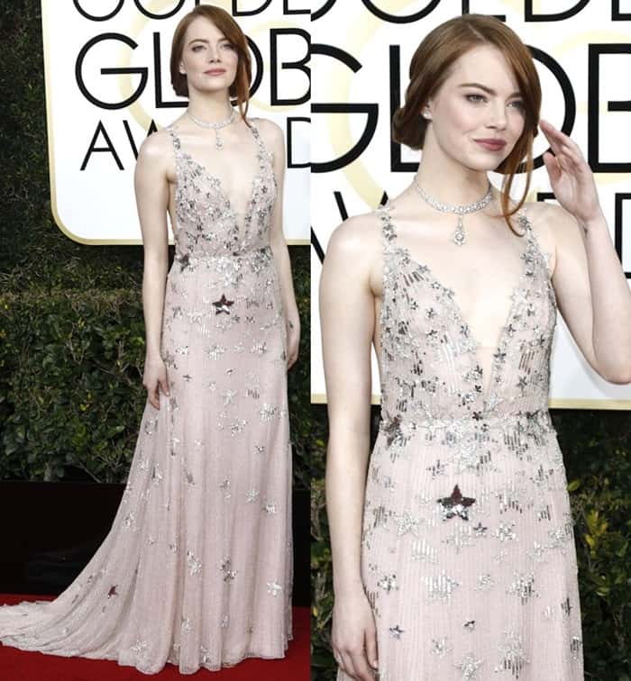 Emma Stone brought soft old-Hollywood glamour to the 2017 Golden Globe Awards in a blush Valentino Couture gown embroidered with shimmering silver stars, styling the romantic silhouette with delicate Tiffany Co. diamonds and barely-there Jimmy Choo sandals