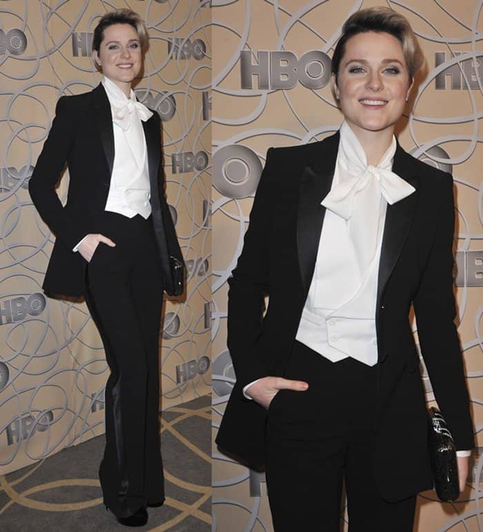 Evan Rachel Wood’s tuxedo at the 2017 Golden Globe Awards was a custom Altuzarra piece featuring sleek satin lapels, a crisp white bow-tie blouse, and a structured waistcoat