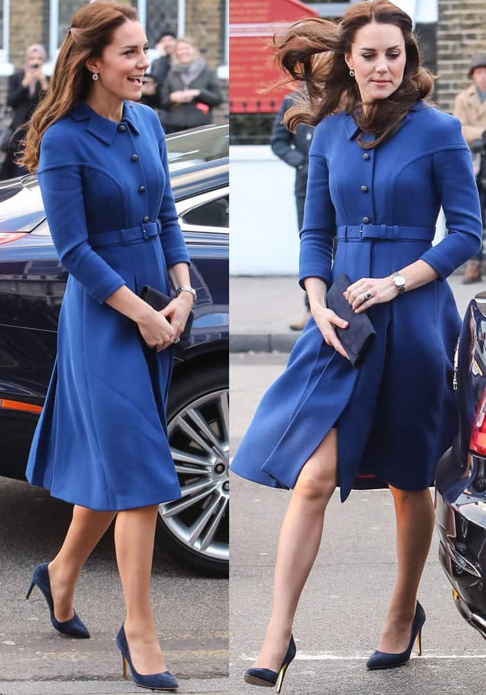 Catherine, Princess of Wales, steps out in a belted royal blue coat dress paired with matching navy pumps for a visit to a Child Bereavement UK Centre