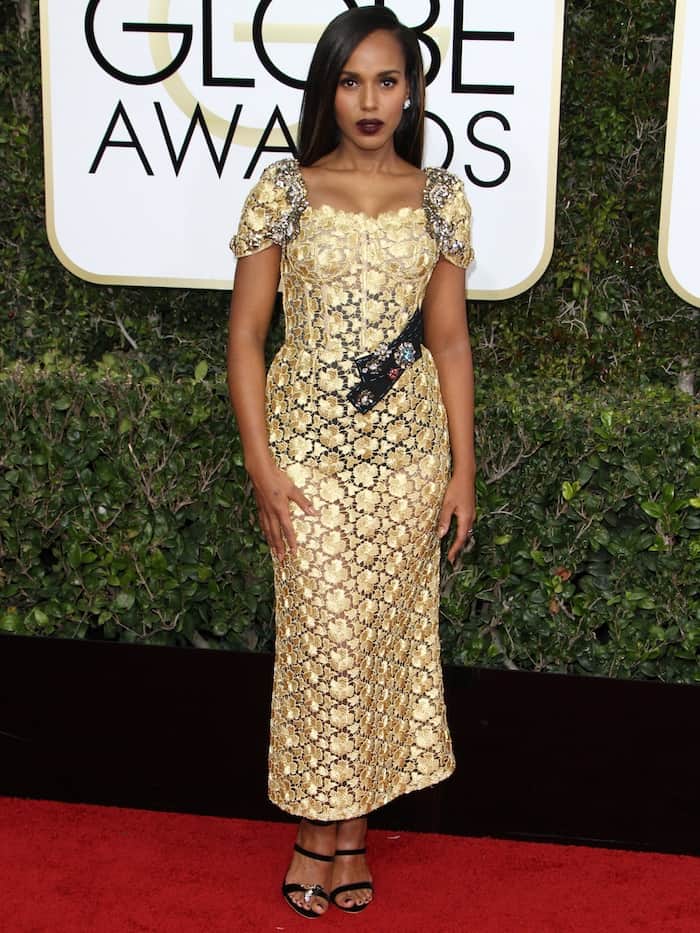 Kerry Washington in a Dolce Gabbana dress for the 2017 Golden Globes at the Beverly Hilton Hotel