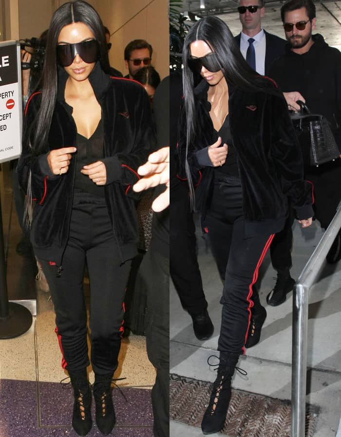 Kim Kardashian pairs Yeezy Season 4 Calabasas sweatpants with matching suede lace-up Yeezy boots at LAX