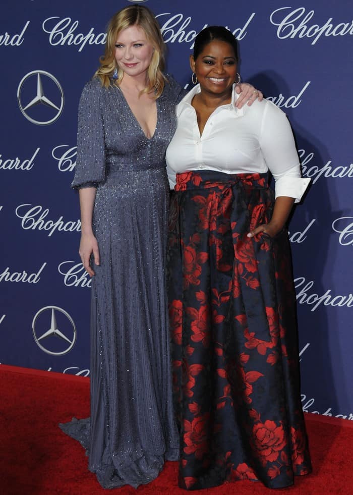 Kirsten Dunst sparkled in a silver beaded Ralph Russo gown as she posed with Oscar winner Octavia Spencer, who stood out in a bold floral Tadashi Shoji skirt and crisp white blouse