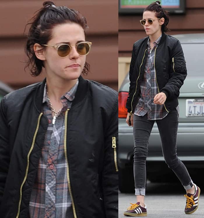 Kristen Stewart keeps it effortlessly cool with her hair styled half-up in a messy look, paired with round sunglasses and a no-makeup appearance