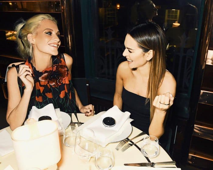 Poppy Delevingne shares a laugh with Rodial founder Maria Hatzistefanis during an intimate dinner at the Rodial VIP party in London