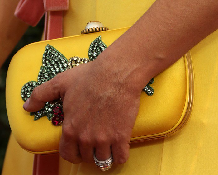 Salma Hayek added a vibrant pop to her red carpet look with a crystal-embellished yellow Gucci clutch, featuring jeweled floral detailing and a signature pearl clasp