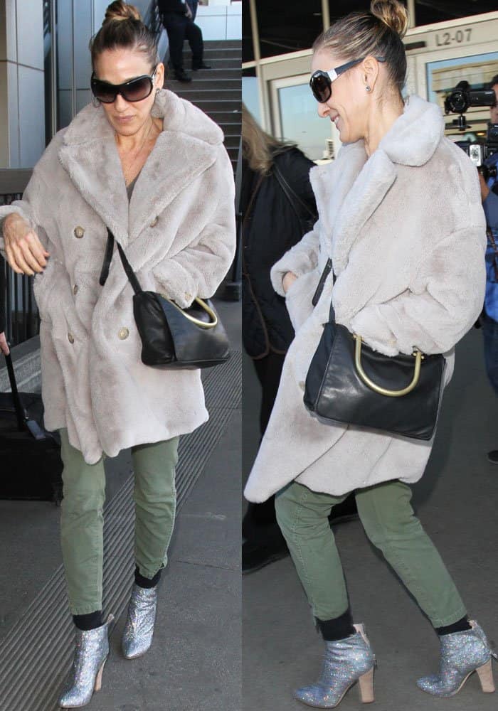 Sarah Jessica Parker styled her airport look with an oversized faux fur coat, green slim-fit pants, and silver glitter SJP 'Minnie' boots for a mix of cozy and standout elements