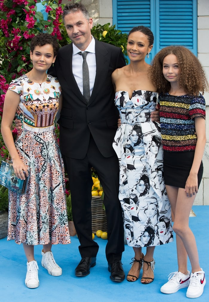 Nico Parker joins sister Ripley, father Ol Parker, and mother Thandiwe Newton at the Mamma Mia! Here We Go Again world premiere in London in July 2018