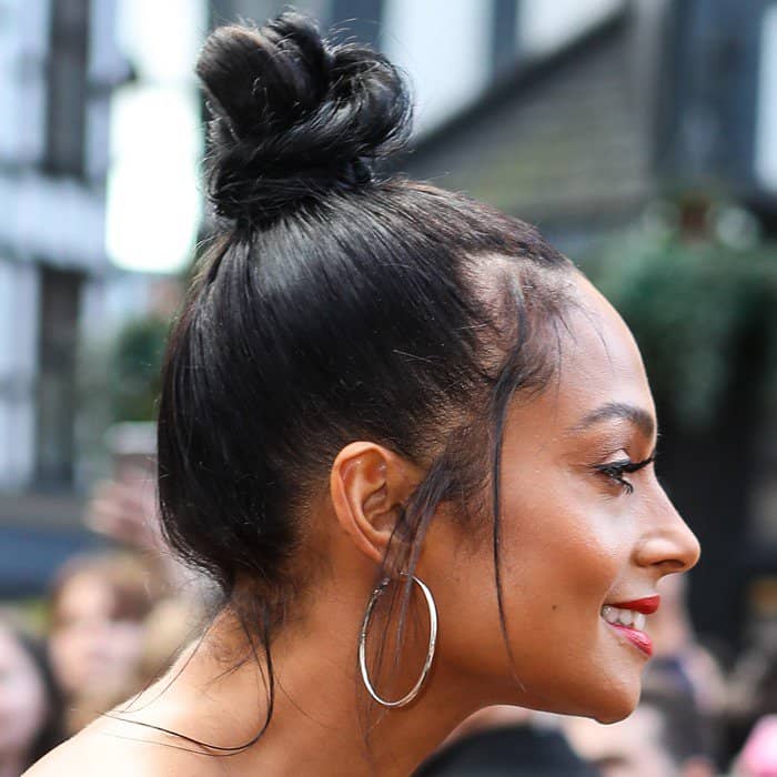 Alesha Dixon's hoop earrings and bun hairstyle