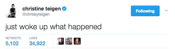 Chrissy Teigen pokes fun at her viral Oscars moment with a deadpan tweet—“just woke up what happened”—after being caught napping during the 2017 Academy Awards