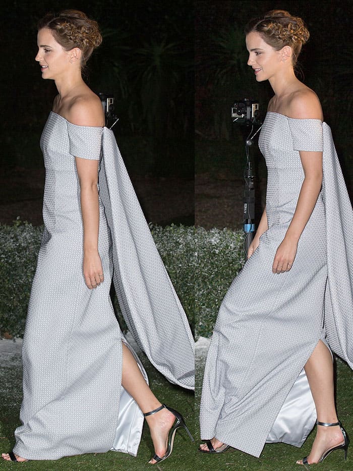 Emma Watson's choice of Manolo Blahnik "Chaos" sandals not only added a touch of glamour but also provided subtle height, perfectly complementing her flowing gown