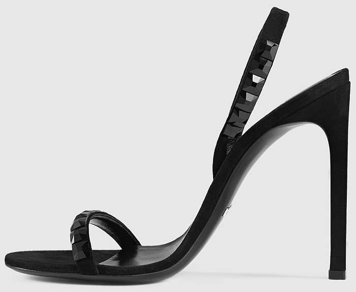 Product close-up of Gucci “Mallory” sandals with crystal detailing on suede straps