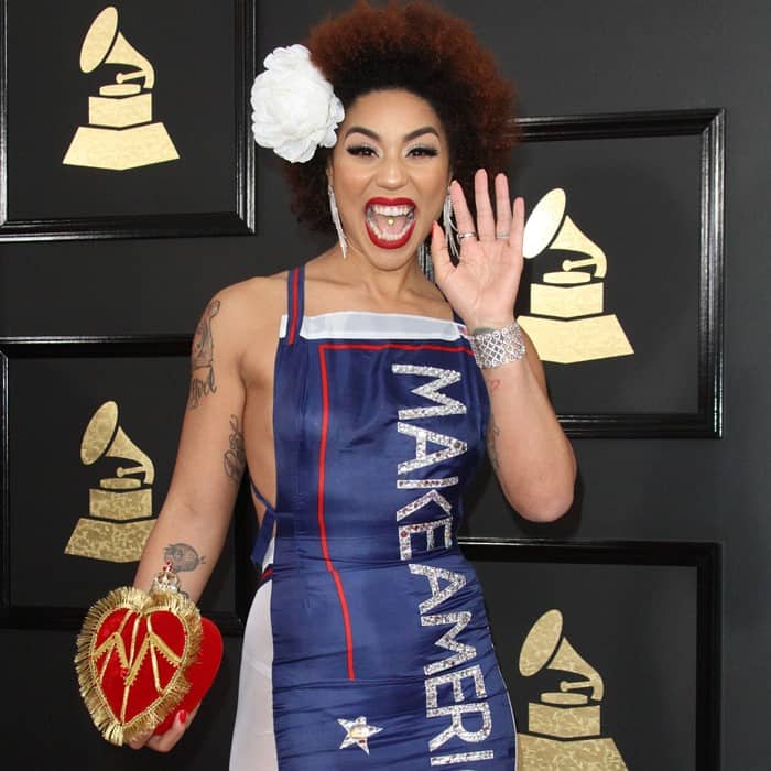 Joy Villa pairs her bold "Make America Great Again" gown with a heart-shaped clutch and glittery accessories for a statement-making look at the 2017 Grammy Awards