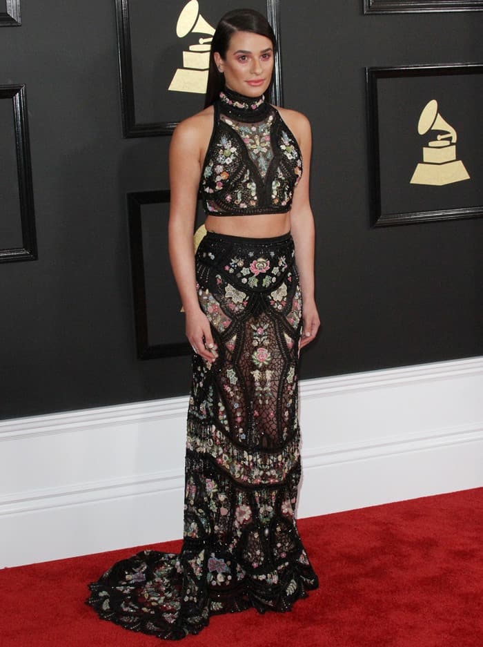 Lea Michele on the red carpet at the 2017 Grammy Awards held at the Staples Center in Los Angeles on February 12, 2017