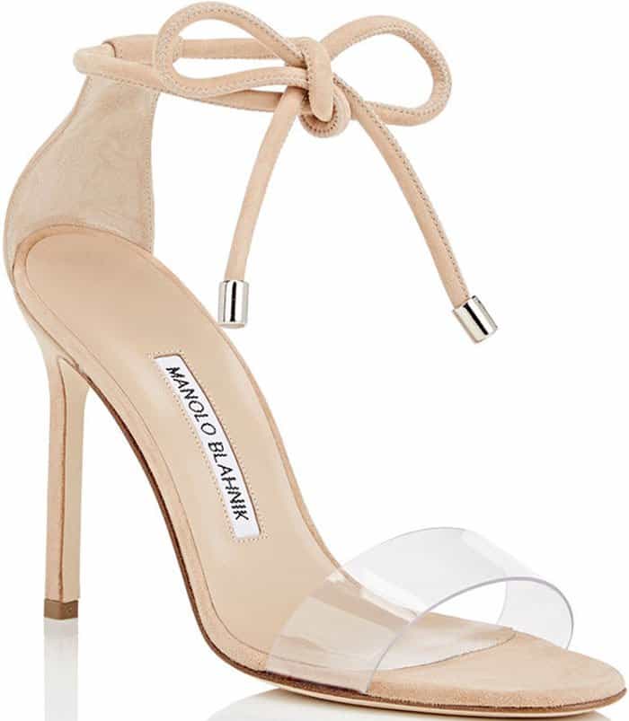 Manolo Blahnik Estro sandals in beige suede and clear PVC with wraparound ankle straps