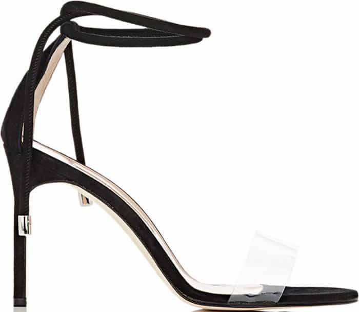 Studio image of Manolo Blahnik Estro sandals in black suede with PVC strap and ankle ties