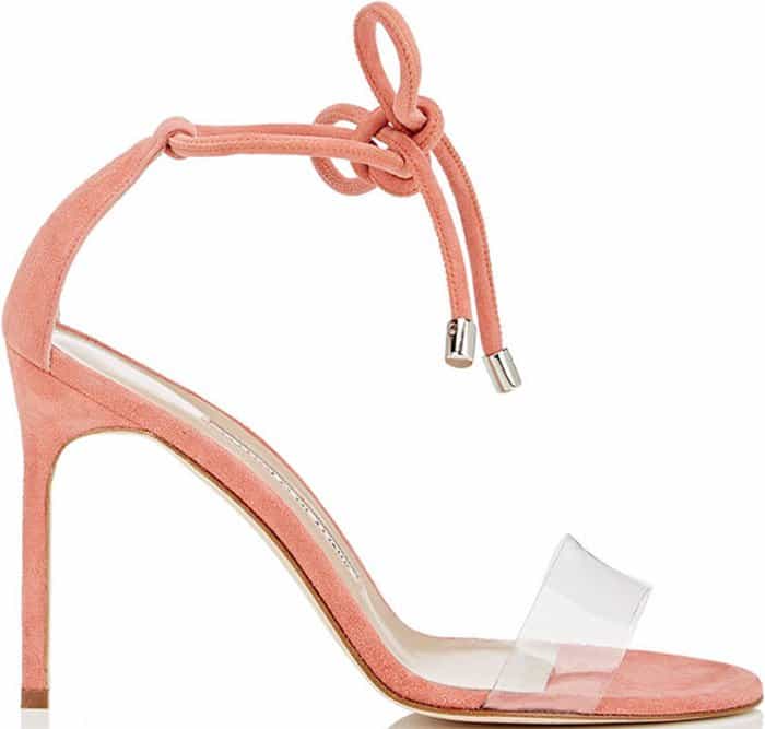 Coral suede Manolo Blahnik Estro sandals with clear PVC vamp and ankle ties