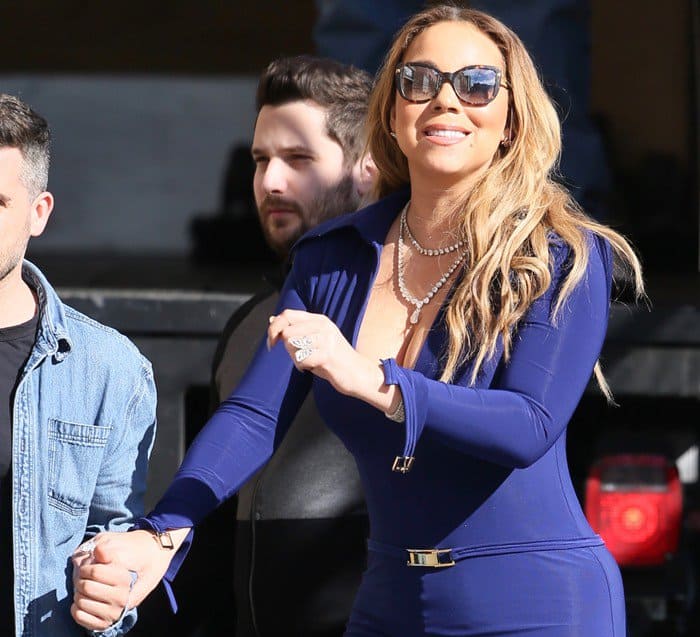 Mariah Carey seen arriving in a skimpy blue dress at the ABC studios for Jimmy Kimmel Live in Los Angeles on February 15, 2017