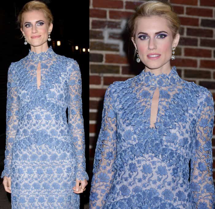 Allison Williams wearing an Erdem dress and Mariela Montiel black pumps at 'The Late Show with Stephen Colbert'