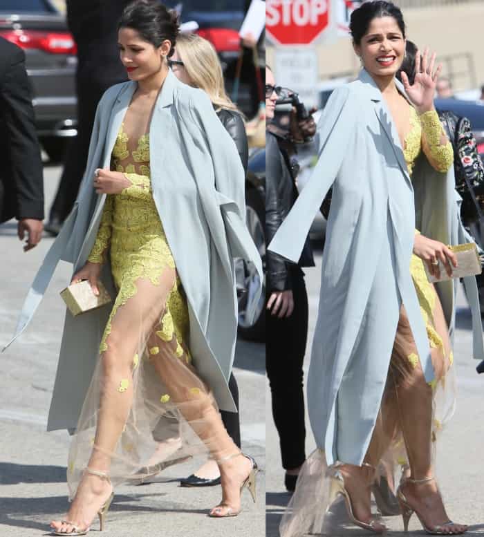 Freida Pinto's yellow gown features long sleeves and floral lace embroidery in addition to a floor-length sheer skirt