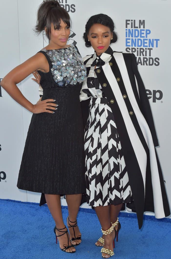 Kerry Washington, standing tall at 5ft 4 (162.6 cm) in a sparkling black midi dress, posed alongside the petite 5ft 0 (152.4 cm) Janelle Monáe, who made a bold statement in her black-and-white Salvatore Ferragamo ensemble and Christian Louboutin "Tudor Bal" sandals