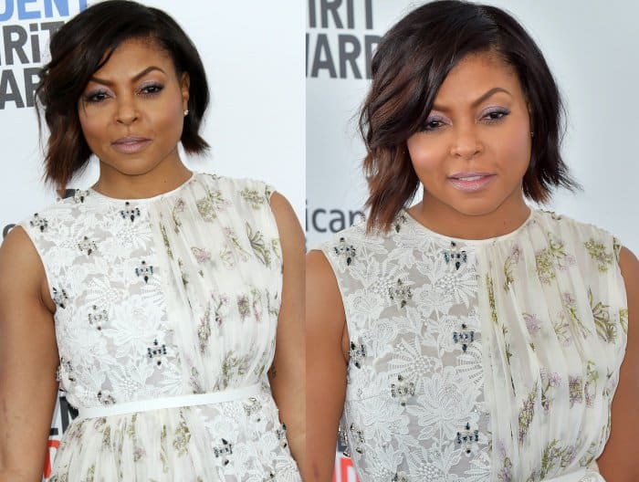 Taraji P. Henson's hair was styled in a side-parted wavy bob, and her makeup was done in pastel hues
