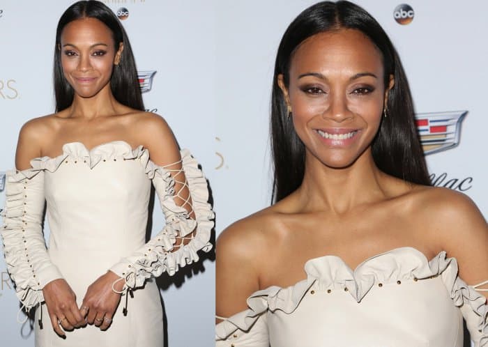Zoe Saldaña kept her sleek hair tucked behind her ears and paired smoky eyes with glossy lips