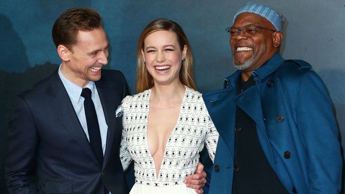 Brie Larson with her co-stars Tom Hiddleston and Samuel L. Jackson