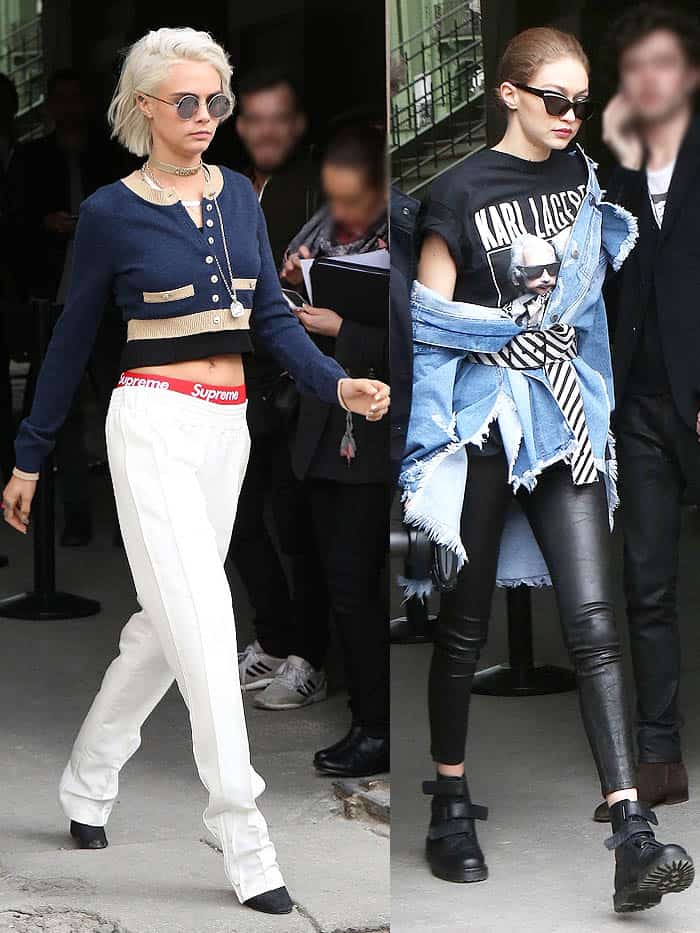 Cara Delevingne and Gigi Hadid at the Chanel fall 2017 fashion show presented during Paris Fashion Week Womenswear Fall/Winter 2017/2018 in Paris, France, on March 7, 2017.