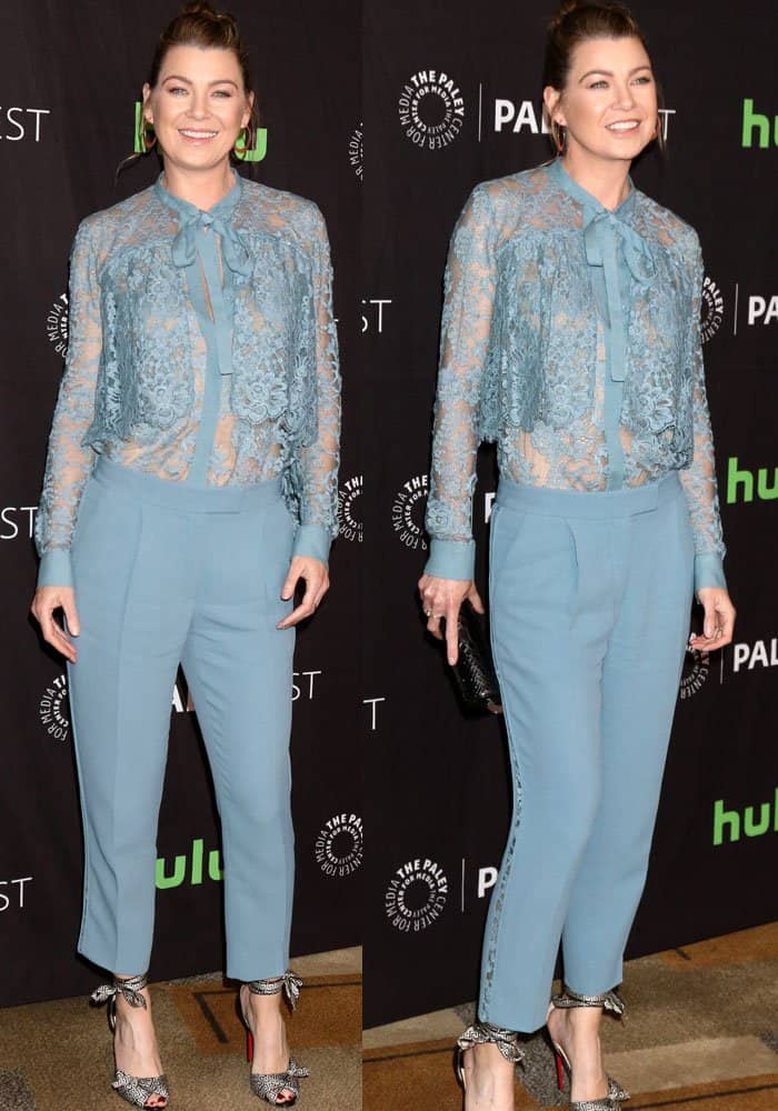 Ellen Pompeo wears a dusty blue Elie Saab lace jumpsuit paired with Christian Louboutin "Christeriva" sandals, creating a blend of romantic lace and bold footwear