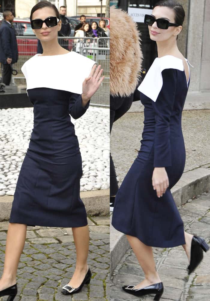 Emily does an Audrey Hepburn look in a two-tone Miu Miu dress