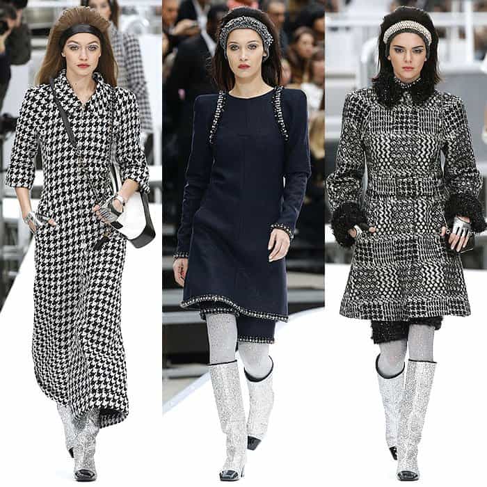 Gigi Hadid, Bella Hadid, and Kendall Jenner at the Chanel fall 2017 fashion show presented during Paris Fashion Week Womenswear Fall/Winter 2017/2018 in Paris, France, on March 7, 2017.