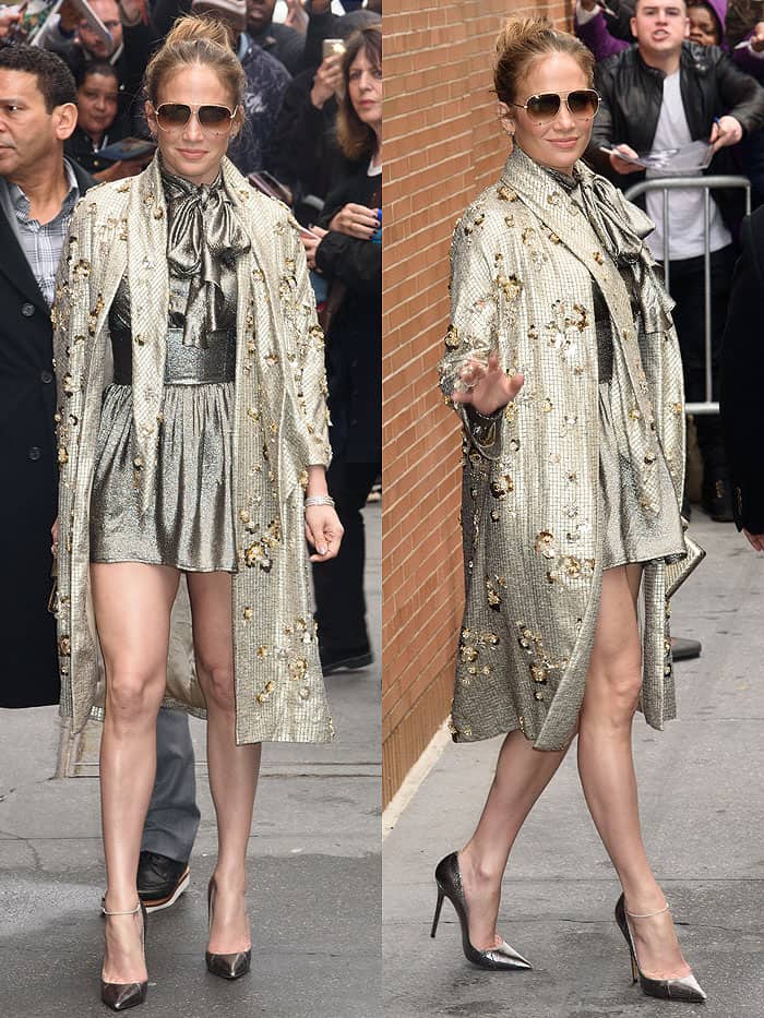 Jennifer Lopez styled her Jenny Packham Spring 2015 metallic coat with Jimmy Choo Anouk pumps