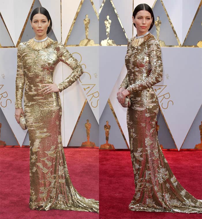 Jessica Biel dazzles in a shimmering gold KaufmanFranco gown paired with a bold statement necklace, exuding modern glamour and red carpet sophistication