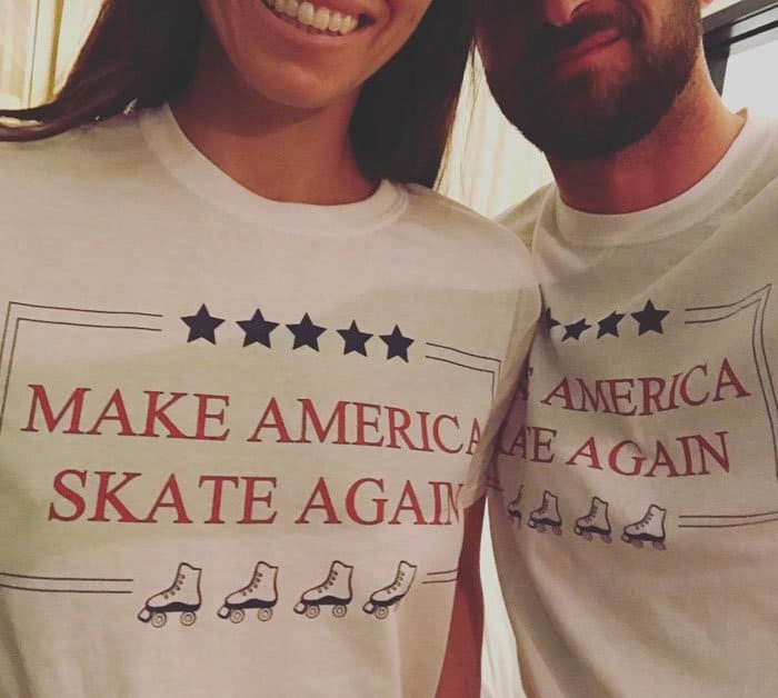 Jessica and her husband, Justin Timberlake, wear their "Make America Skate Again" shirts