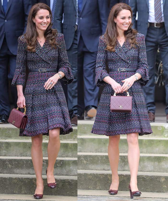 Kate Middleton looks polished in a Chanel tweed coat, a burgundy Chanel flap bag, and practical Tod’s fringed leather pumps