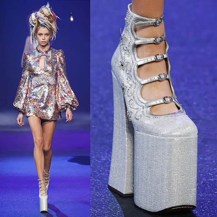 The silver, strappy, sky-high platform pumps were presented at the Marc Jacobs Spring 2017 fashion show during New York Fashion Week