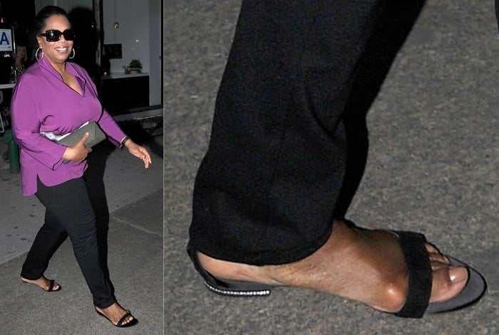 Oprah Winfrey stepping out in chic black sandals, revealing a prominent bunion caused by prolonged foot pressure and high-heel wear