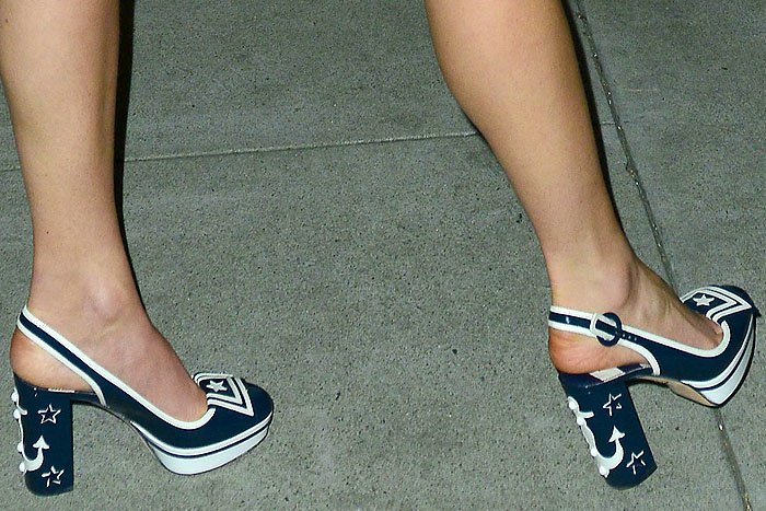 Dolce Gabbana nautical slingback pumps with anchors and stars on the heels on Pixie Lott