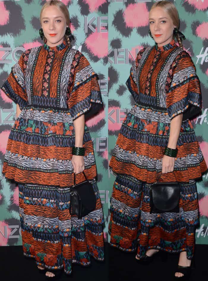 Chloë Sevigny wearing a Kenzo x HM patterned maxi dress at the Kenzo x HM fashion show