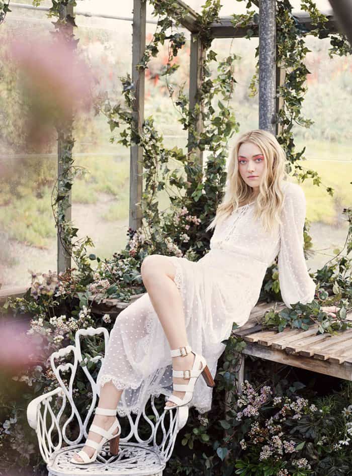 Dakota Fanning wearing the "Maya" sandals in Jimmy Choo's spring/summer 2017 style diary