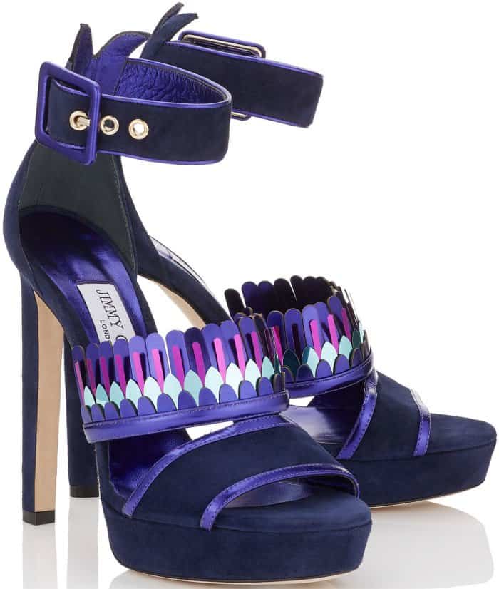 Jimmy Choo "Kathleen" Navy Mix Suede and Mirror Leather Platform Sandals