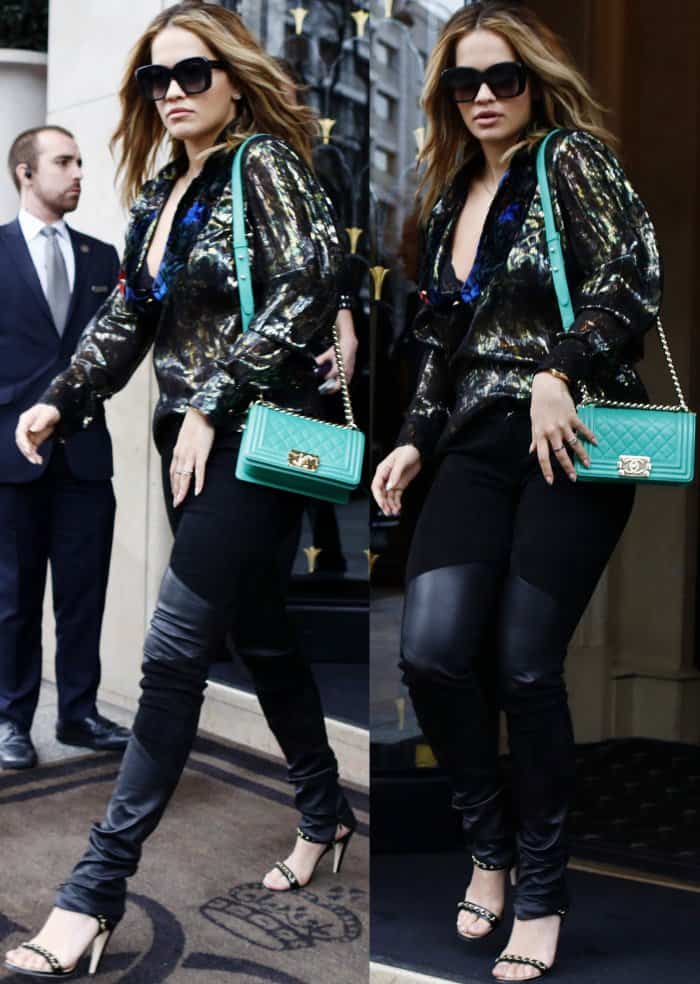 Rita Ora exudes effortless glamour in a metallic blouse, leather-accented pants, studded Chanel sandals, and a striking turquoise Chanel bag