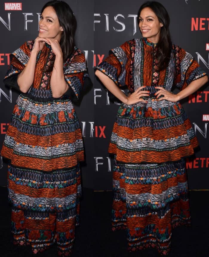 Rosario Dawson wearing a Kenzo x HM patterned maxi dress at the New York screening of Marvel's "Iron Fist"
