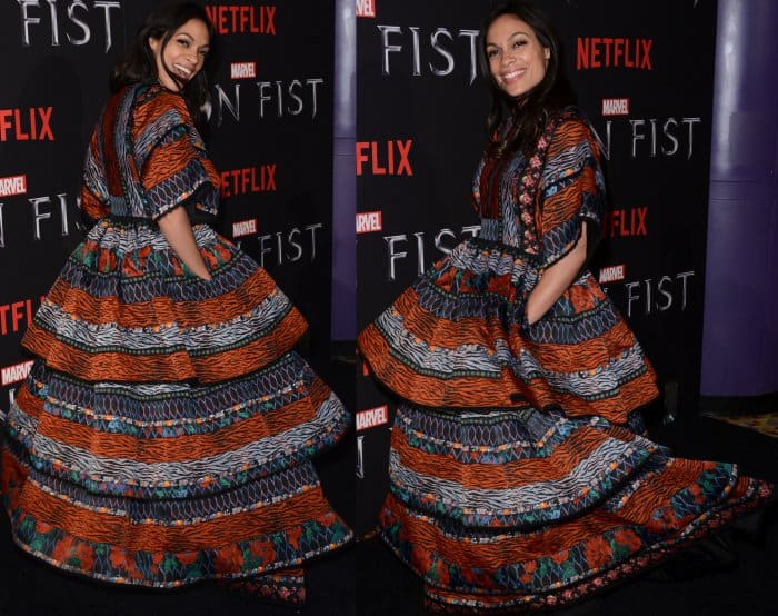 Rosario Dawson wearing a Kenzo x HM patterned maxi dress at the New York screening of Marvel's "Iron Fist"