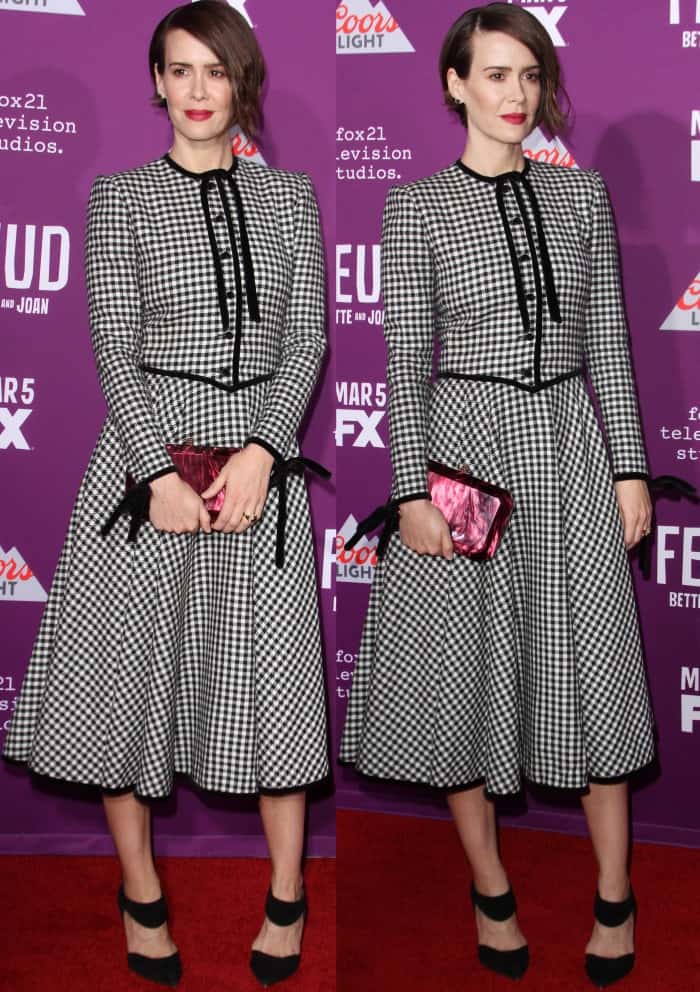 Channel vintage elegance like Sarah Paulson by pairing a gingham midi dress with statement heels, a bold clutch, and a sleek side-parted bob for timeless sophistication