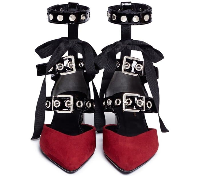Self-Portrait x Robert Clergerie “Susa” Eyelet Strappy Suede Pumps in Dark Red and Black